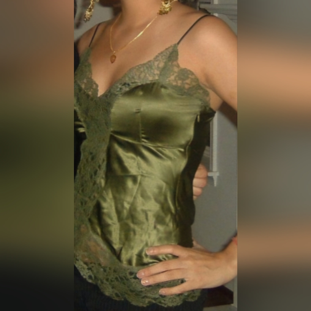 Lace-Trim Cami Tank Top Green 90s Y2K Papaya 100% Silk Whimsigoth Gorp Grunge